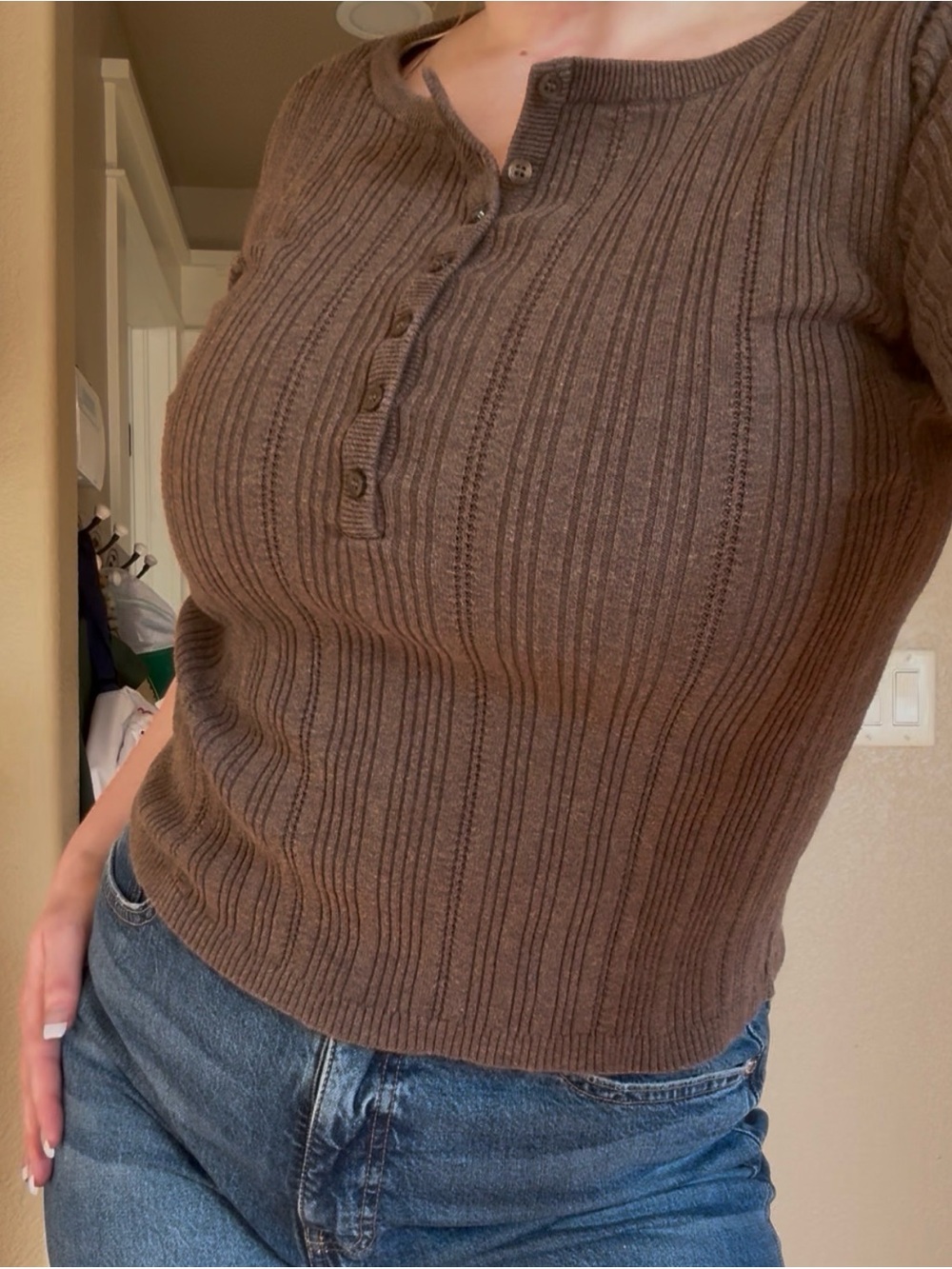 Brown Ribbed V-Neck Button Henley Sweater Top